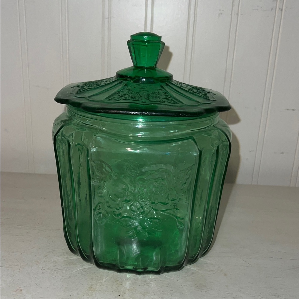 Vintage depression Green glass Mayfair biscuit jar Open Rose